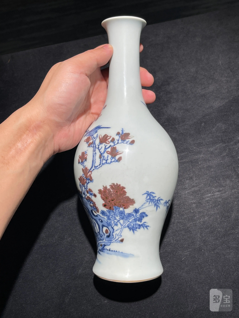 清康熙 安窑青花釉里红花鸟纹橄榄瓶 - 图5